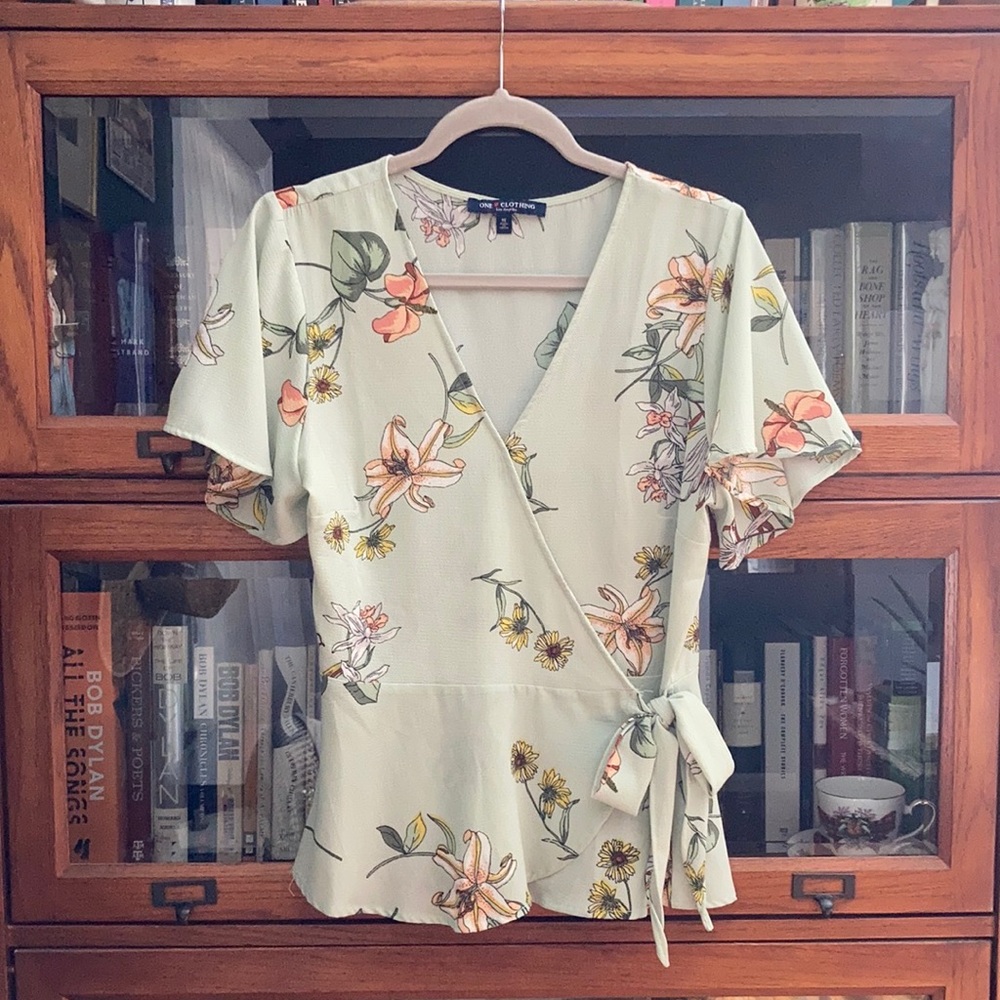 Floral Wrap Blouse with Butterfly Sleeves